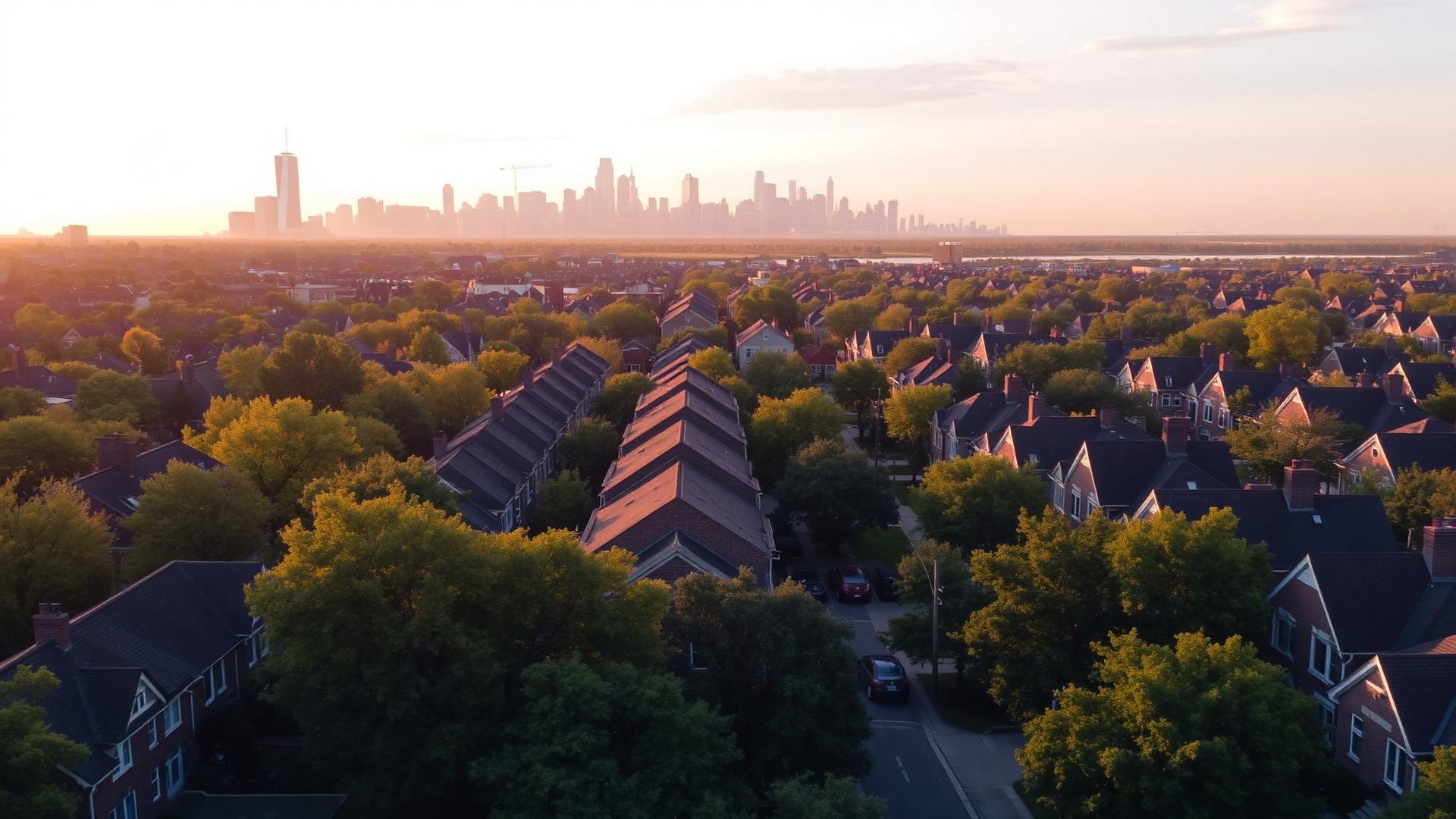 Chicago neighborhood from above at golden hour